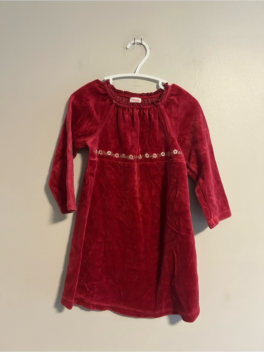 Vintage Gymboree girls 3 Red Velvet Long-Sleeve Dress with Floral embroidered